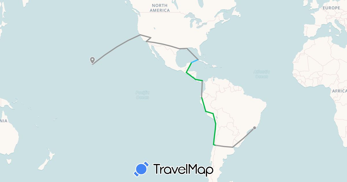 TravelMap itinerary: driving, bus, plane, boat in Argentina, Brazil, Chile, Costa Rica, Cuba, Ecuador, Guatemala, Mexico, Panama, Peru, United States (North America, South America)